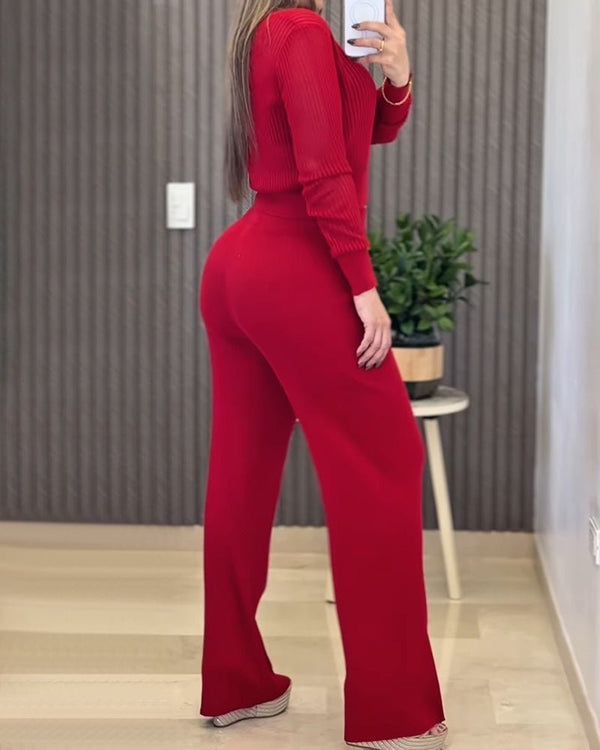 Kadın Uzun Kollu Yuvarlak Yaka Transparan Detaylı Triko Bluz Ve Pantolon Ikili Takım, 31662