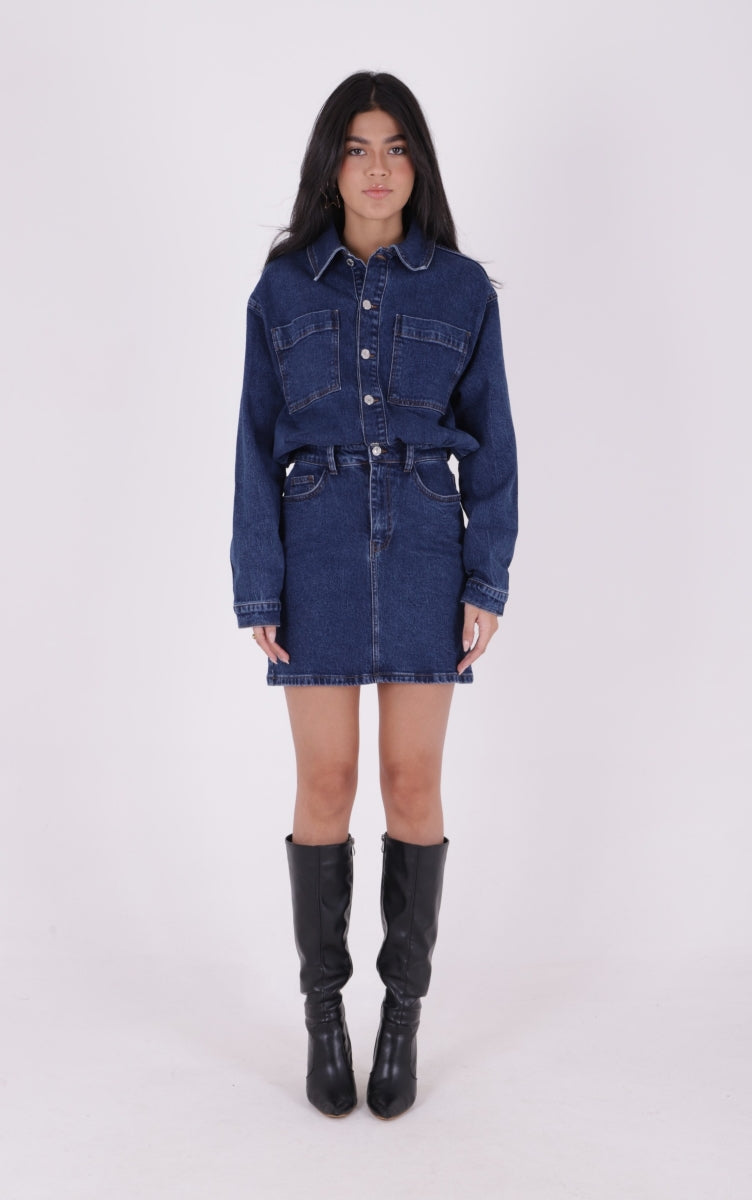 Düğmeli Mini Kot Elbise Koyu Mavi Kot