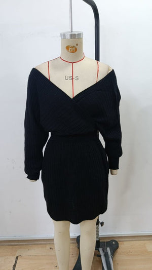Rochie mini tricotată pentru femei, cu mânecă lungă, înfășurată în jurul gâtului și decolteu larg, 30303