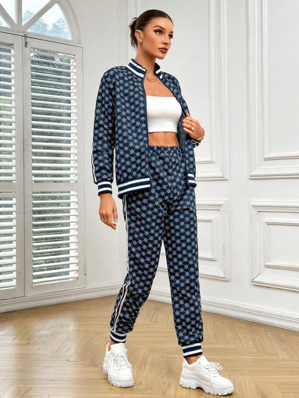 Set de două piese pentru femei, cu mânecă lungă, fermoar frontal, bluză și pantaloni, model cu două fire, 30919