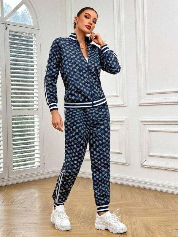 Set de două piese pentru femei, cu mânecă lungă, fermoar frontal, bluză și pantaloni, model cu două fire, 30919