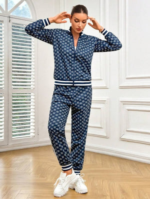 Set de două piese pentru femei, cu mânecă lungă, fermoar frontal, bluză și pantaloni, model cu două fire, 30919