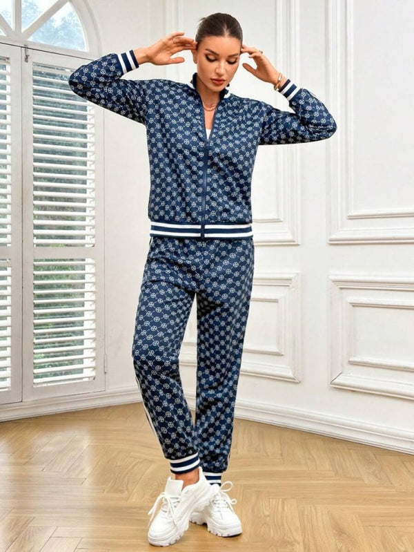 Set de două piese pentru femei, cu mânecă lungă, fermoar frontal, bluză și pantaloni, model cu două fire, 30919
