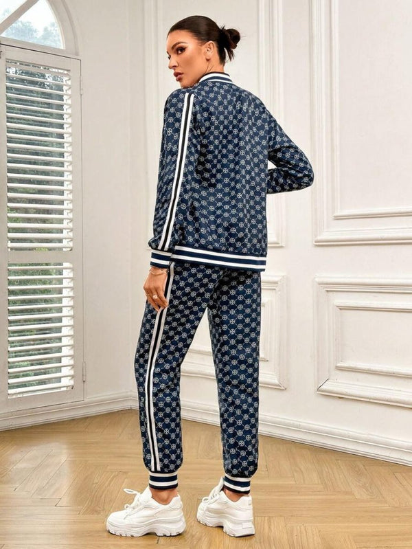 Set de două piese pentru femei, cu mânecă lungă, fermoar frontal, bluză și pantaloni, model cu două fire, 30919