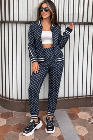 Set de două piese pentru femei, cu mânecă lungă, fermoar frontal, bluză și pantaloni, model cu două fire, 30919