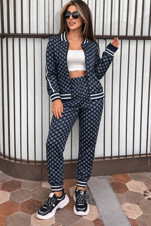 Set de două piese pentru femei, cu mânecă lungă, fermoar frontal, bluză și pantaloni, model cu două fire, 30919