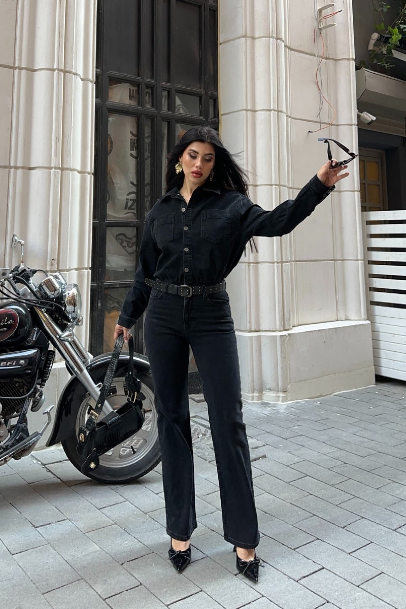 Beli Büzgülü Klasik Kot Tulum Düz Antrasit