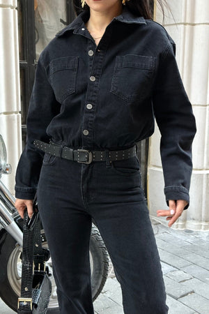 Beli Büzgülü Klasik Kot Tulum - Düz Antrasit - (S-L-3) - 4