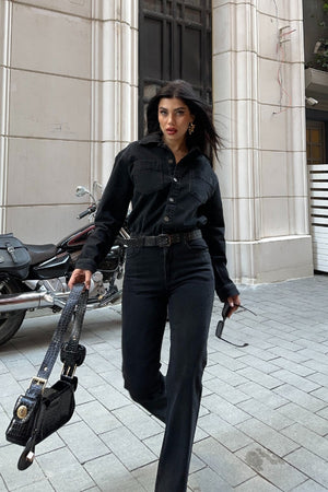 Beli Büzgülü Klasik Kot Tulum Düz Antrasit