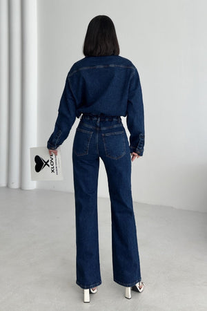 Beli Büzgülü Klasik Kot Tulum - Düz Koyu Rins - (S-L-3) - 3