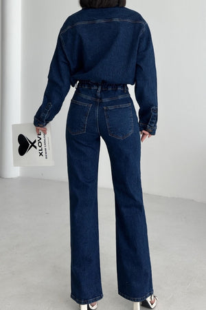 Beli Büzgülü Klasik Kot Tulum - Düz Koyu Rins - (S-L-3) - 6