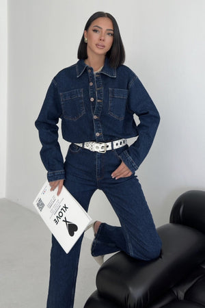 Beli Büzgülü Klasik Kot Tulum Düz Koyu Rins