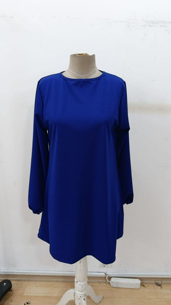 Rochie mini din crep importat, cu mânecă lungă și guler rotund, pentru femei, 30377