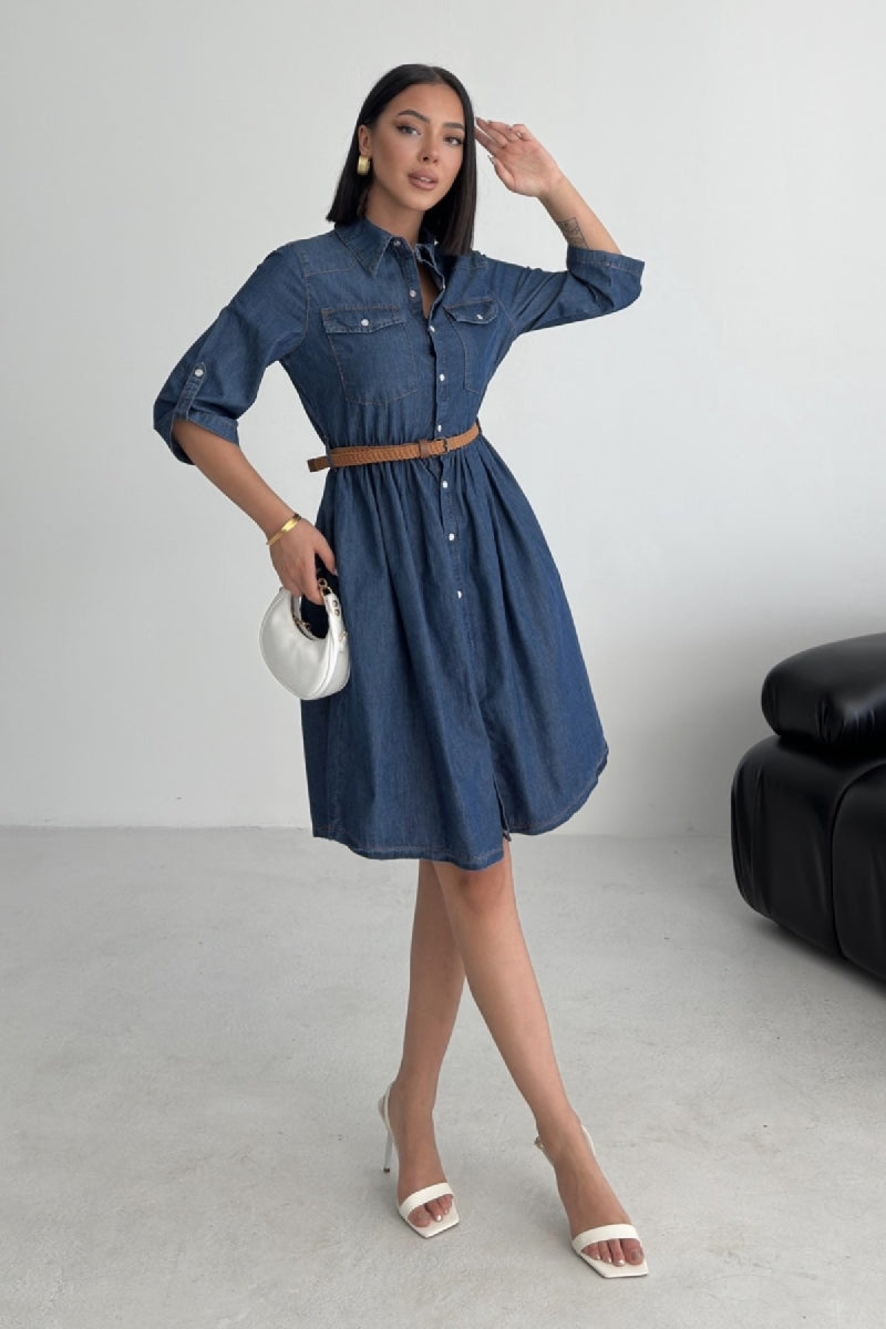 Büzgü Detaylı Kısa Kot Elbise Düz Koyu Rins