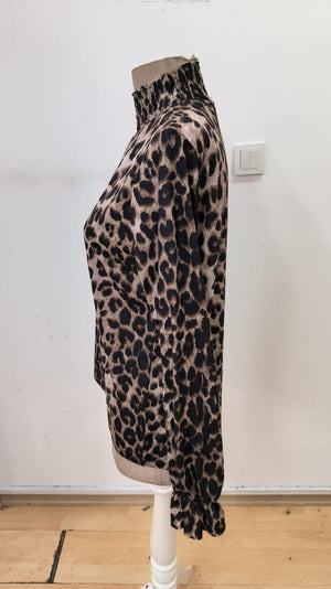 Bluză Supreme pentru femei, cu guler înalt, imprimeu leopard și detaliu gipe, 31728