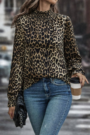Bluză Supreme pentru femei, cu guler înalt, imprimeu leopard și detaliu gipe, 31728