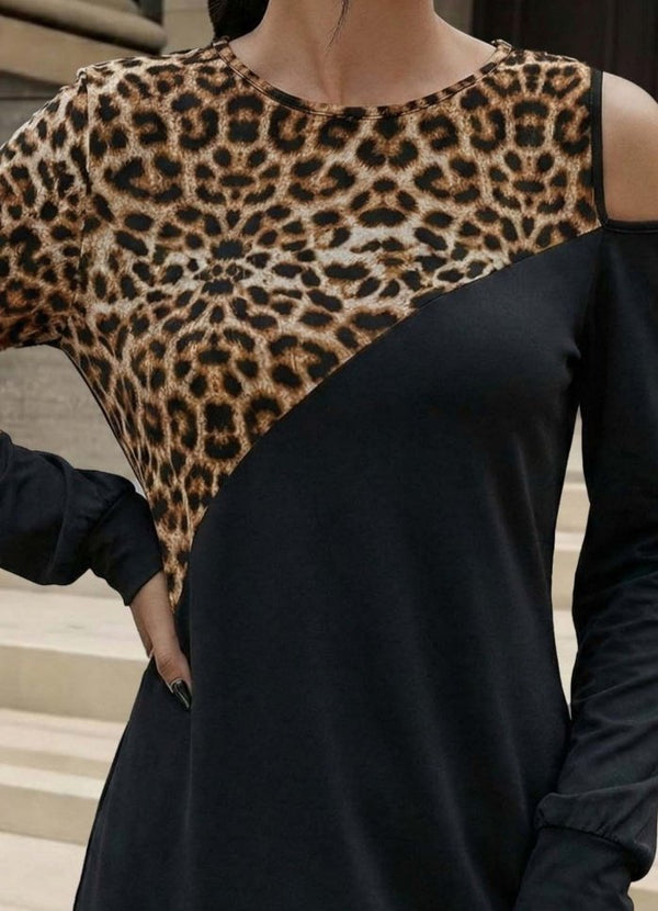 Rochie mini pentru femei, cu mânecă lungă, fără umeri, din viscoză, cu imprimeu leopard și două fire, 30700