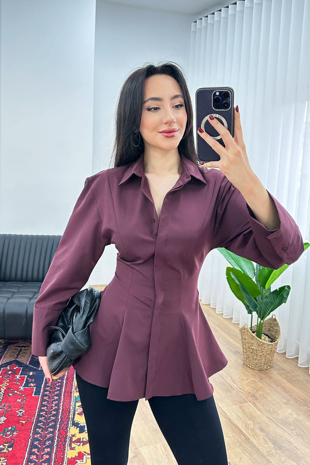 Peplum Bel Oturtmalı Poplin Mürdüm Toptan Gömlek Mürdüm S