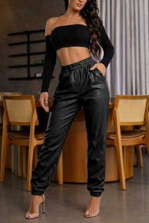 Pantaloni de piele pentru femei, cu talie înaltă, elastic și nasturi în față, 34424