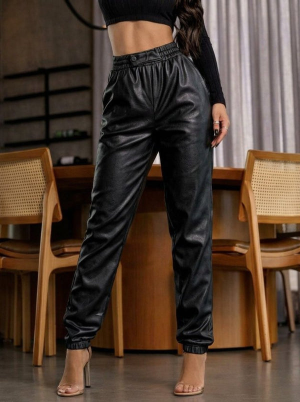 Pantaloni de piele pentru femei, cu talie înaltă, elastic și nasturi în față, 34424