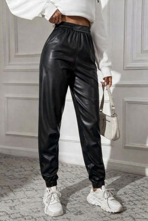 Pantaloni de piele pentru femei, cu talie înaltă, elastic și nasturi în față, 34424