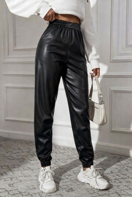 Pantaloni de piele pentru femei, cu talie înaltă, elastic și nasturi în față, 34424