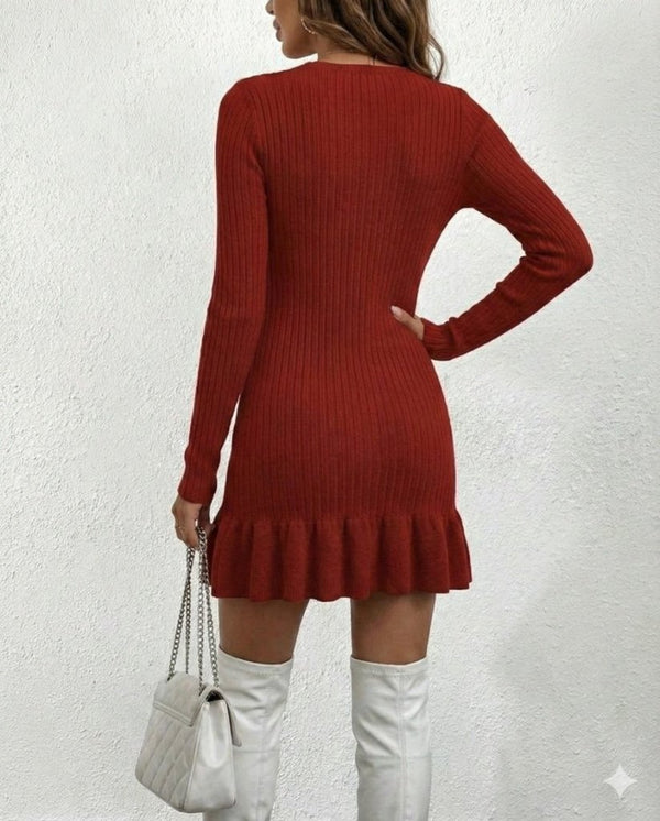 Rochie mini tricotată (polienită), cu guler rotund și mânecă lungă, tiv cu volane, 31923