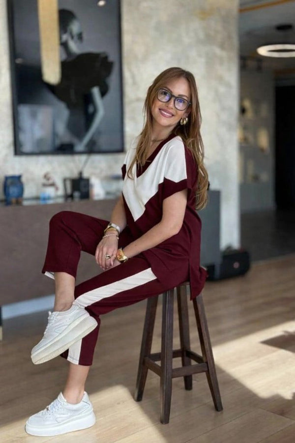 Kadın Kısa Kollu V Yakalı çift Renkli Viskon Iki Iplik Ikili Bluz Ve Pantolon Takım, 34678