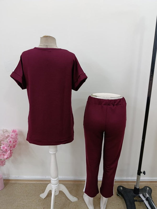 Kadın Kısa Kollu V Yakalı çift Renkli Viskon Iki Iplik Ikili Bluz Ve Pantolon Takım, 34678