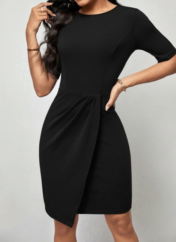 Rochie mini din crep importat, cu mânecă scurtă și guler rotund, cu încrețituri în față, pentru femei, 31003