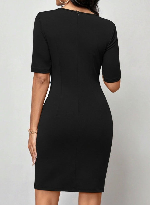Rochie mini din crep importat, cu mânecă scurtă și guler rotund, cu încrețituri în față, pentru femei, 31003