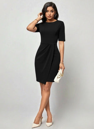 Rochie mini din crep importat, cu mânecă scurtă și guler rotund, cu încrețituri în față, pentru femei, 31003