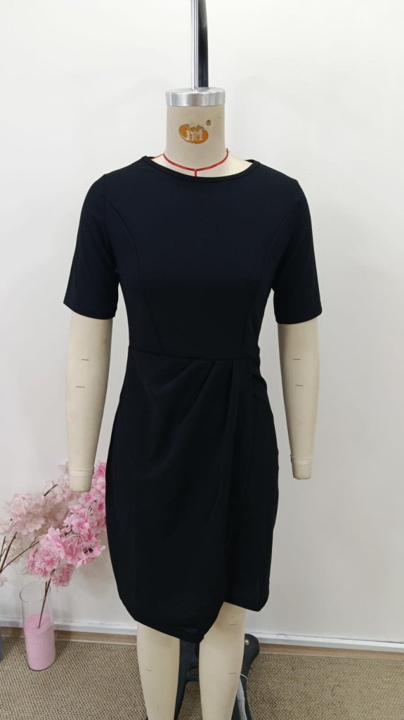 Rochie mini din crep importat, cu mânecă scurtă și guler rotund, cu încrețituri în față, pentru femei, 31003