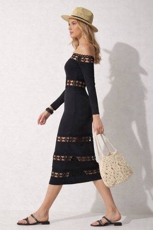 Rochie midi de damă cu mânecă lungă, guler din dantelă și crăpătură Madonna, 32267
