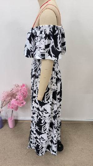 Rochie lungă Supreme pentru femei, cu umeri goi, decolteu Madonna, model floral și crăpătură, 34309