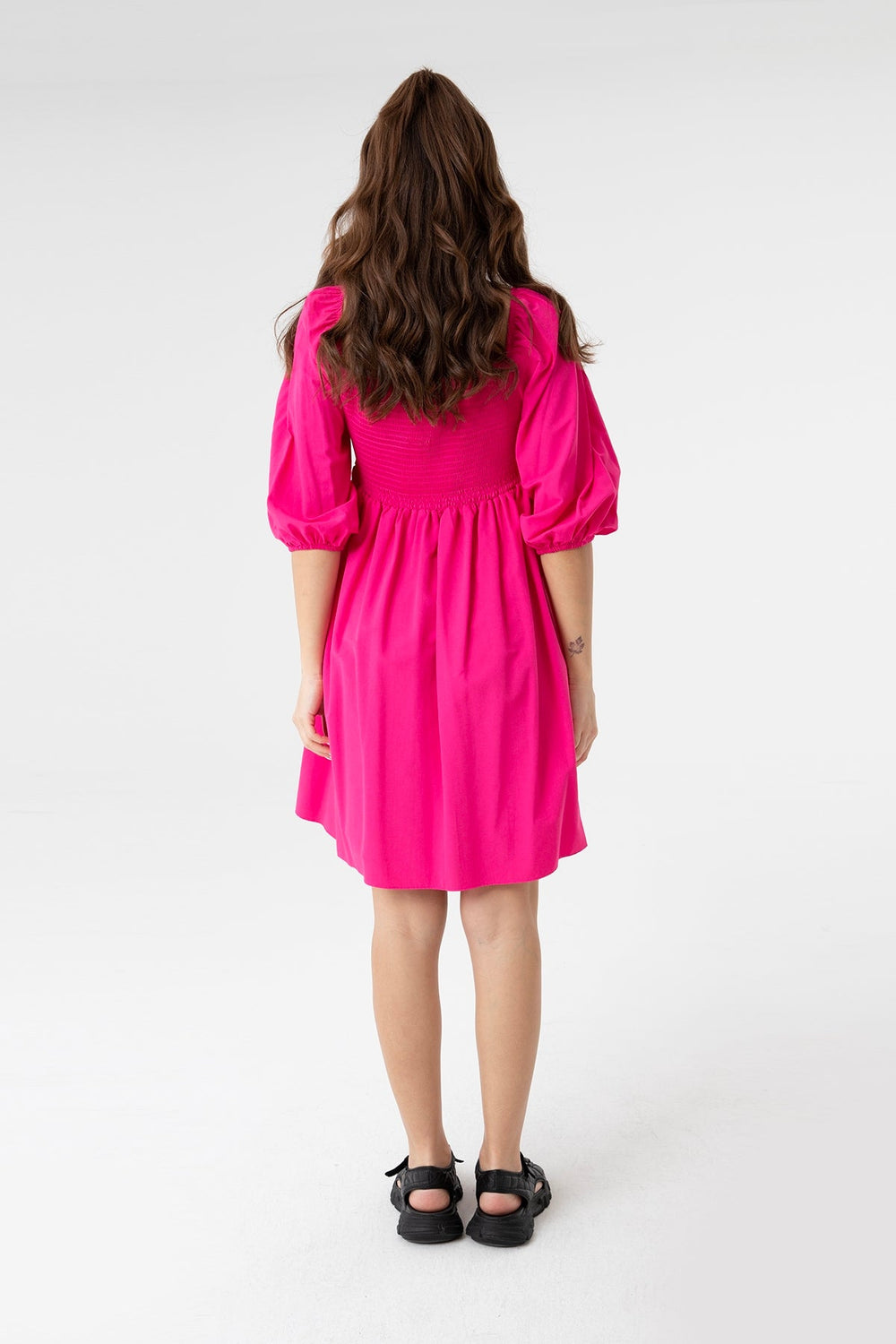 Kadın V Yaka Balon Kol Büzgülü Mini Elbise-31153ELB - FUCHSIA