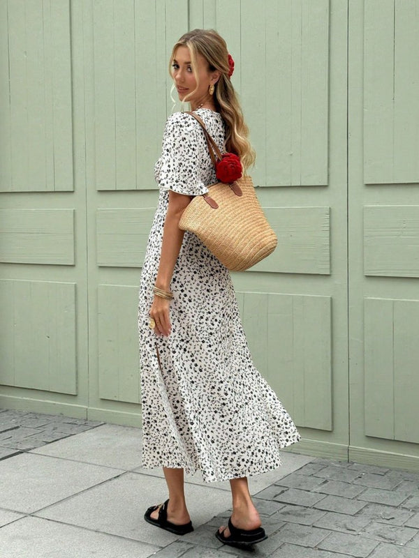 Rochie midi Supreme pentru femei, cu mânecă scurtă, decolteu în V, crăpături laterale, imprimeu floral, 31157