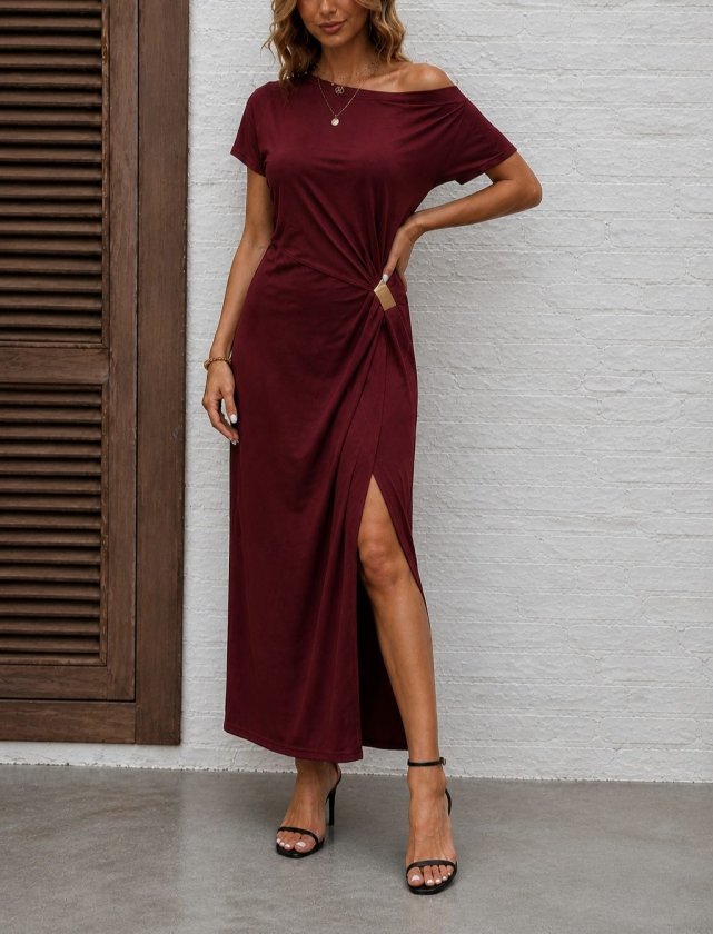 Kadın Kısa Kollu Tek Omuzdan Açık Beli Lastikli Sandy Maxi Elbise , 34333