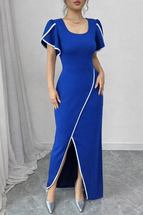 Rochie de damă din crep cu mânecă scurtă și decolteu pătrat, cu decupaj încrucișat în față, 31402