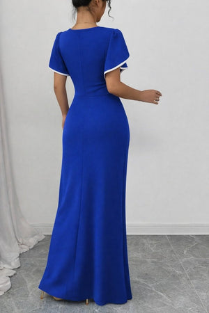 Rochie de damă din crep cu mânecă scurtă și decolteu pătrat, cu decupaj încrucișat în față, 31402