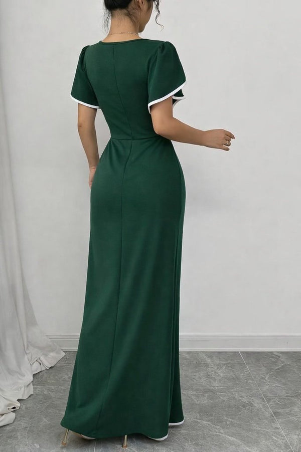 Rochie de damă din crep cu mânecă scurtă și decolteu pătrat, cu decupaj încrucișat în față, 31404