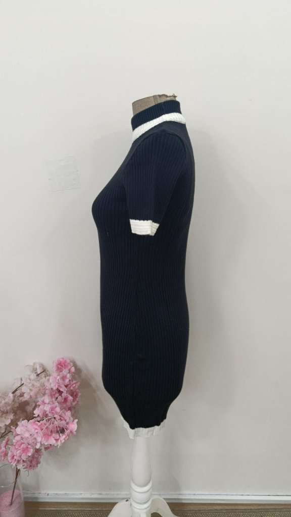 Rochie scurtă tricotată cu guler înalt și mânecă scurtă pentru femei, 31422