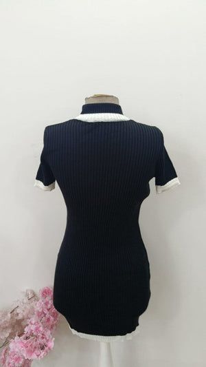 Rochie scurtă tricotată cu guler înalt și mânecă scurtă pentru femei, 31422