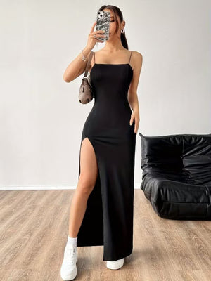 Rochie lungă de damă cu bretele, din material scuba și crăpătură laterală, 31563