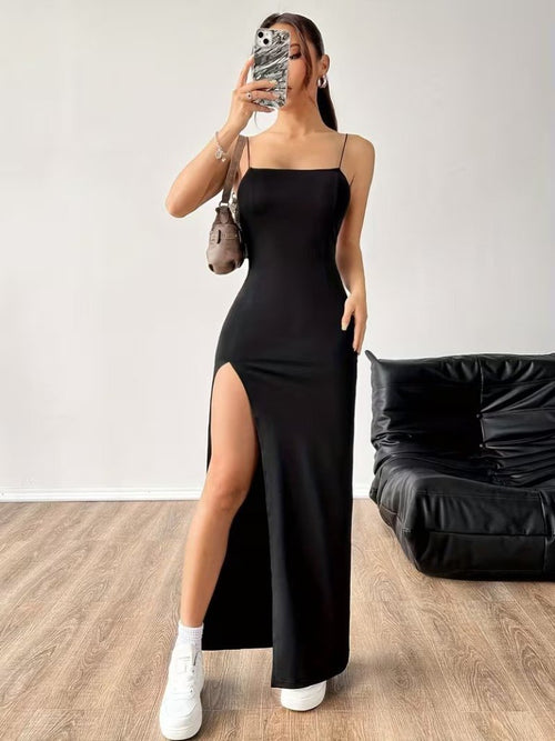 Rochie lungă de damă cu bretele, din material scuba și crăpătură laterală, 31563