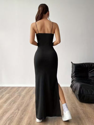 Rochie lungă de damă cu bretele, din material scuba și crăpătură laterală, 31563