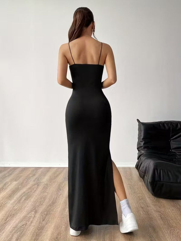 Rochie lungă de damă cu bretele, din material scuba și crăpătură laterală, 31563