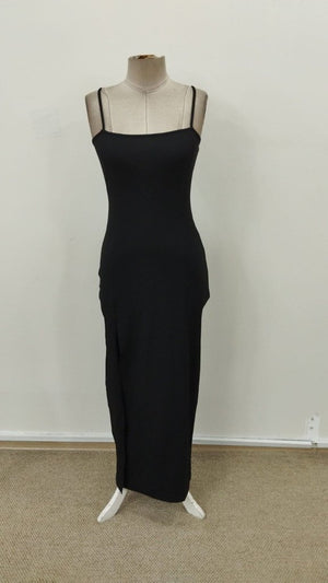 Rochie lungă de damă cu bretele, din material scuba și crăpătură laterală, 31563