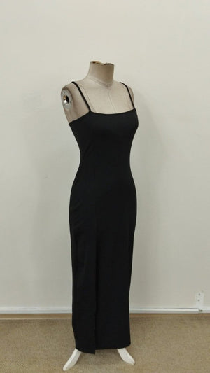 Rochie lungă de damă cu bretele, din material scuba și crăpătură laterală, 31563