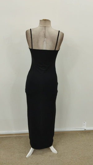 Rochie lungă de damă cu bretele, din material scuba și crăpătură laterală, 31563